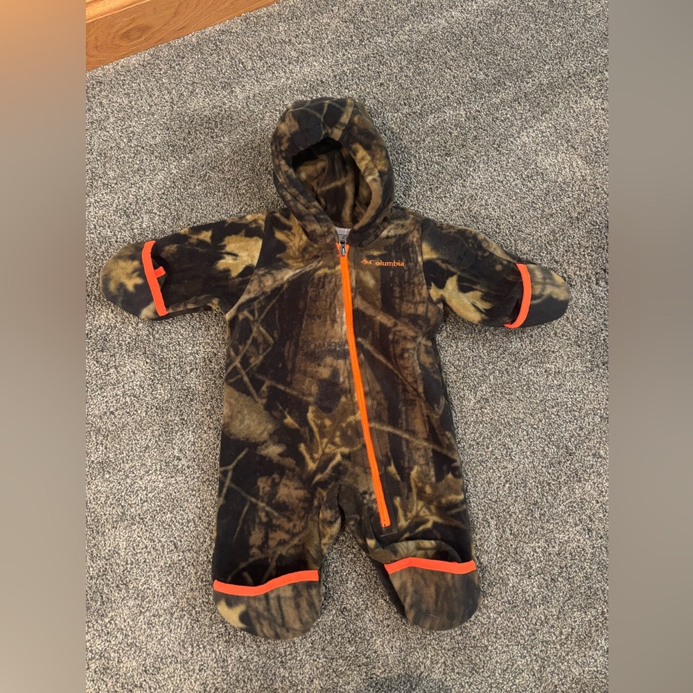 Columbia Kids Woodland Camo Footie with Bright Orange Trim